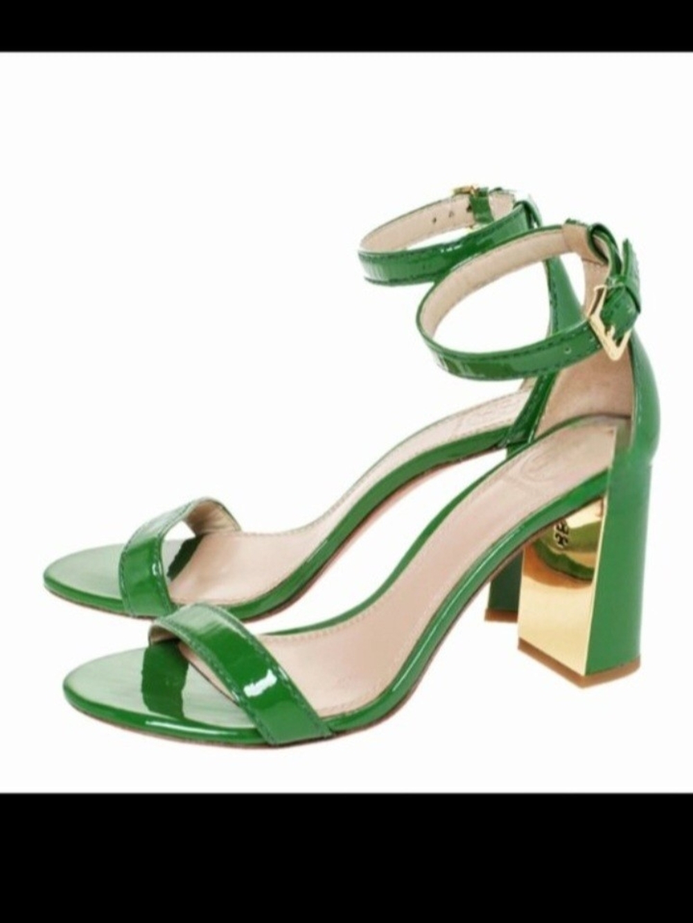 ..Tory Burch Green Patent Block Heel Sandals with Gold Accent
